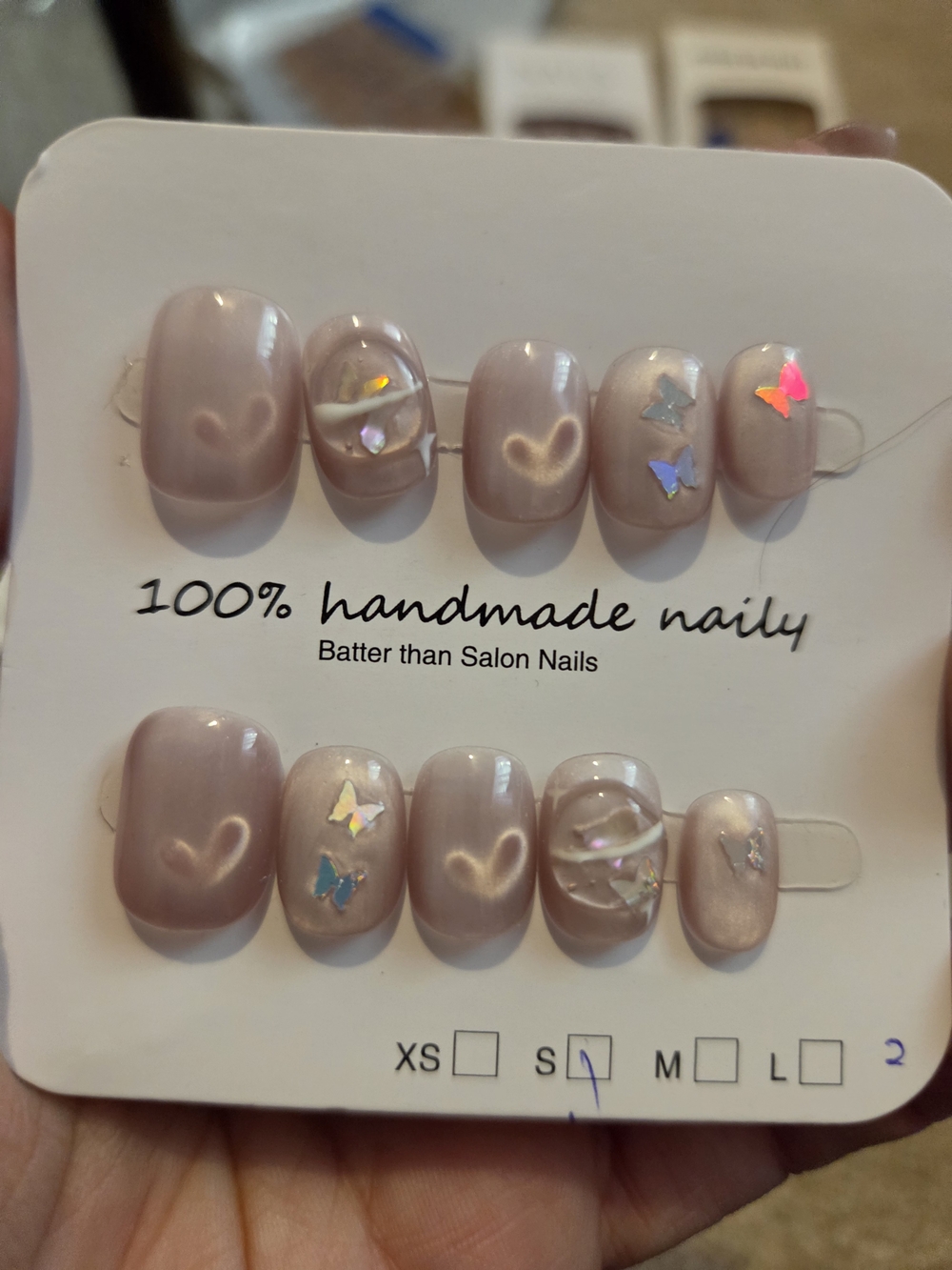 Handmade Pink Pearl Press-On Nail Set with Heart & Butterfly Accents